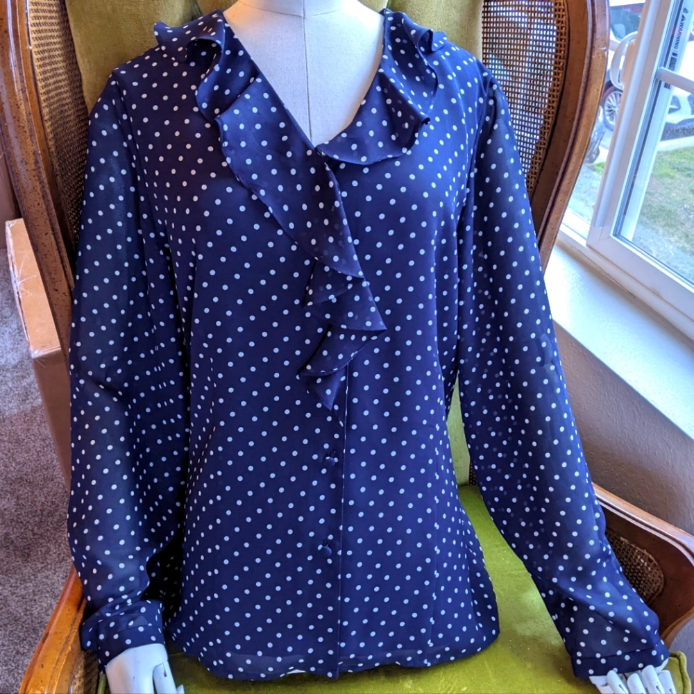 Ruffly Navy Polkadot Blouse Charter Club 12